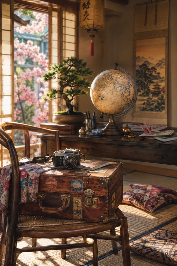 A vintage suitcase, camera and globe on a desk by a garden window