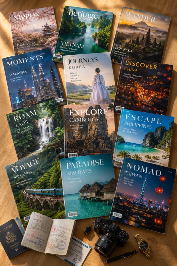 Travel magazine covers for destinations across Asia, laid out with a passport and camera