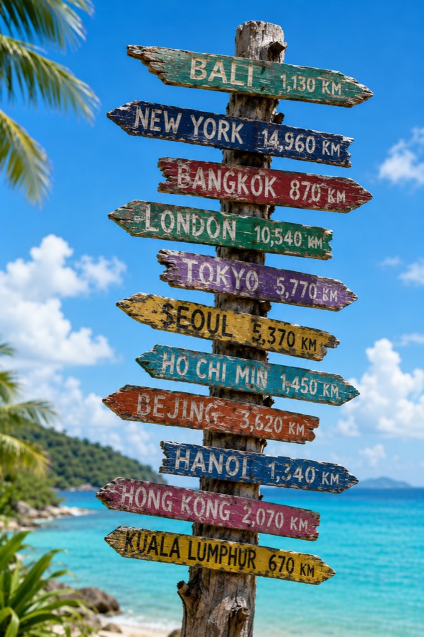 A beach signpost showing distances to Bali, Bangkok, London and Tokyo